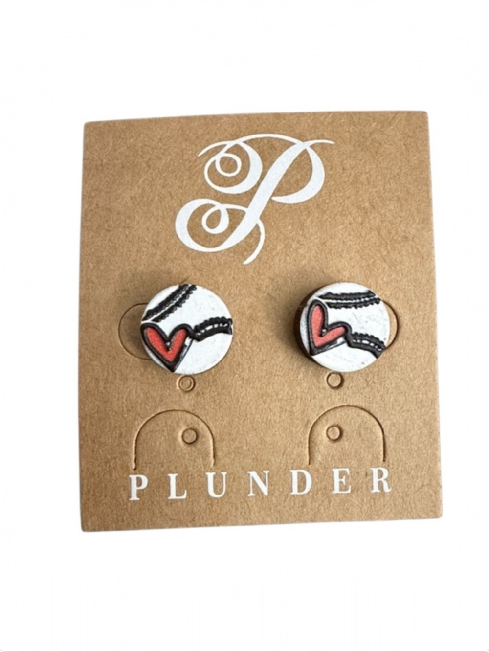 Plunder Baseball Stud Earrings With Accent Red Heart NWT